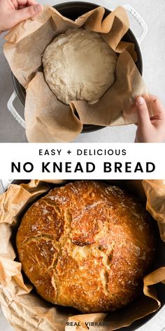 two pictures with bread in them and the words easy no knead dutch oven bread