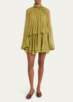 Chloe Tiered Ruffle Silk Mousseline Mini Dress - Bergdorf Goodman Chloe Dress, Evening Flats, Cocktail Jacket, Blazer With Jeans, Professional Cleaning, Platform Pumps, Lingerie Sleepwear, High Neckline, Bergdorf Goodman