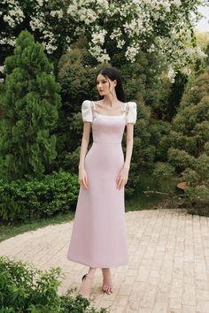 Feminine Evening Dress For Banquet, Spring Square Neck Evening Dress For Banquet, Spring Evening Dress With Square Neck For Banquet, Spring Banquet Evening Dress With Square Neck, Pink Square Neck Dress For Banquet, Square Neck Spring Evening Dress For Formal Occasions, Spring Formal Evening Dress With Square Neck, Pink Square Neck Formal Dress, Midi Elegant Dress