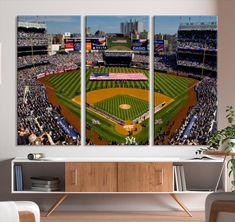 three pictures of a baseball stadium with fans