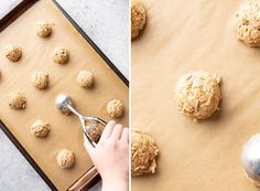 two pictures side by side one shows cookie dough and the other shows cookies being made