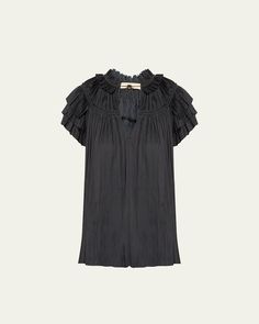 Ulla Johnson "Liv" yoked plissé blouse framed by tiered sleeves    Split neckline with ties    Short sleeves    Hip length    Relaxed fit    Slipon style    Polyester    Dry clean    Imported Tiered Sleeve, Crepe Top, Tie Shorts, Pleated Blouse, Ulla Johnson, Ruffle Top, Bergdorf Goodman, Hip Length, Stockholm