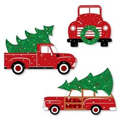 three red trucks with christmas trees on them