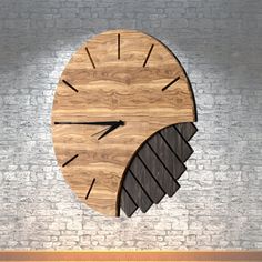 a wooden clock hanging from the side of a brick wall