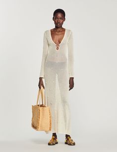 Coquillage Long mesh sequin dress - Dresses | Sandro Paris Mesh Sequin Dress, Long Flared Dress, Long Mesh Dress, Knit Polo Dress, Summer Dress White, Cozy Dress, Timeless Dress, Sandro Paris, Printed Long Dresses