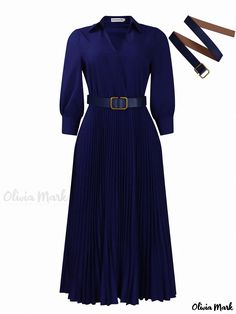 Olivia Mark - Elegant V-Neck Long Sleeve High-Waisted Pleated Dress High Neck Maxi Dress, Maxi Dresses Fall, Cotton Linen Fabric, Sleeveless Jumpsuits, Lace Gown, Types Of Skirts, Lapel Collar, Olivia Mark, Pleated Dress