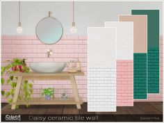 a bathroom with pink and green brick walls