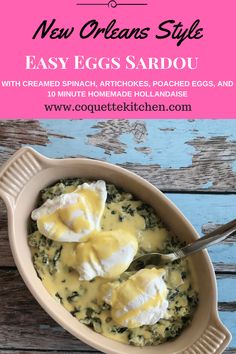 an egg dish with spinach, artichokes, poached eggs and cheese