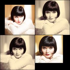 four different pictures of a woman with short hair and wearing white sweaters, posing for the camera