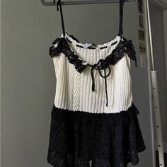 Adjustable Tie Straps, Black And White Top With Shimmer And Ruffles. Combination Knit Top Size L. It Could Fit A Size M Or L. Never Worn But Tags Were Removed Cutest Clothes, Zara Tank Top, Black And White Top, Floral Print Crop Top, Lace Sleeveless Top, Zara Crop Top, Black And White Tops, Asymmetrical Tops, Print Crop Tops