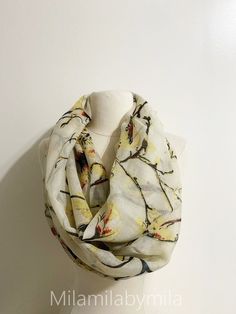 Bird Scarf, Bird Print Scarf, Tree Bird Scarf,Spring Summer Scarf,Autumn Scarf,Gifts For Her,Women Scarf,Printed Scarf,Gifts For Women This soft scarf is a great add on to your current wardrobe. It can be worn around your neck with your favorite outfit or just use a beach cover up. Ideal gift for scarf lovers too! Item Detail: 100% soft viscose. Length of scarf: 75 inches Width of scarf: 30 inches How to wash: Hand wash in cold water or warm water Dry flat or line dry Quality: You can rest assur Beige Floral Print Scarf For Spring, Artistic Floral Print Scarves For Summer, Bohemian Cotton Scarf With Floral Print, Botanical Scarf, Autumn Scarf, Scarf Autumn, Bird Scarf, Women Scarf, Soft Scarf