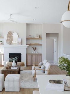 a living room filled with furniture and a fire place in the middle of a room