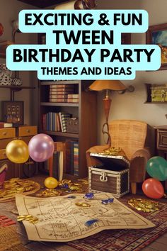 a birthday party with balloons and confetti on the floor in front of a bookshelf