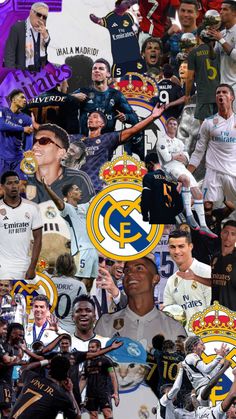 the collage shows many different soccer players and their names on them, including real madrid's crests