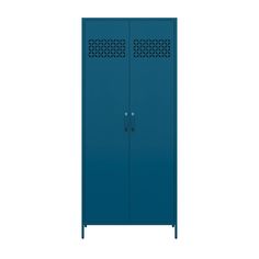 a tall blue cabinet with two doors