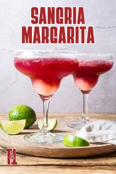 two margaritas in coupe glasses with lime wedges and salt on the rim text reads sangria margarita