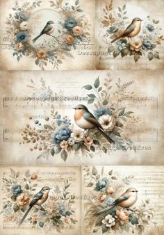 two birds sitting on top of flowers in front of an old sheet music paper background