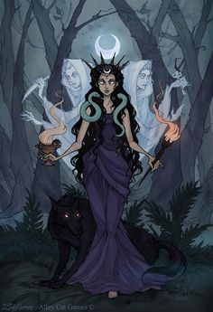 a woman in a purple dress standing next to trees with witches on her head and arms