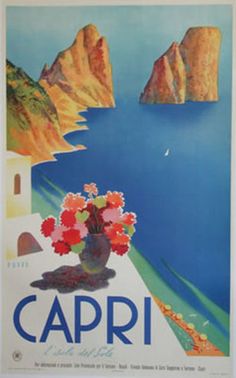 an advertisement for capri with flowers in a vase on the table next to the ocean