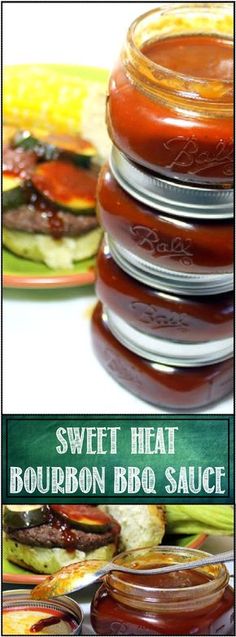 sweet heat bourbon bbq sauce is in a jar next to some grilled vegetables