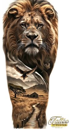 a drawing of a lion on the side of a person's leg with an eagle flying over it