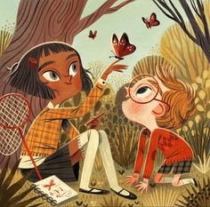 two children are playing in the woods with their tennis rackets and butterflies flying overhead