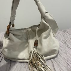 Authentic Gucci Bag. Chic Gucci Bag With Double Handle, Chic Gucci Double Handle Bags, Chic Gucci Shoulder Satchel, Designer Shoulder Bag With Bamboo Handle For Daily Use, Chic Gucci Satchel For Shopping, Designer Leather Bag With Bamboo Handle, Elegant Gucci Shoulder Bag With Leather Handles, Chic Gucci Shoulder Bag For Shopping, White Leather Shoulder Bag With Bamboo Handle