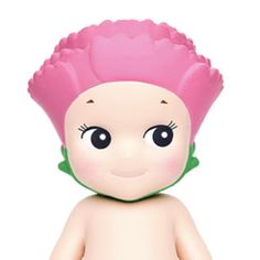 a small doll with pink hair and green leaves on it's head, sitting in front of a white background