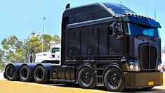 a black semi truck parked in a parking lot next to a white truck and some trees