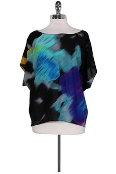 Current Boutique-Alice & Olivia - Multicolor Dolman Sleeve Top Sz M Silk Tops With Multicolor Graphic Print, Silk Graphic Print Short Sleeve Tops, Silk Short Sleeve Tops With Graphic Print, Multicolor Silk Tops With Vibrant Print, Multicolor Silk Top With Vibrant Print, Silk Graphic Print Multicolor Tops, Silk Multicolor Graphic Print Tops, Multicolor Silk Tops With Graphic Print, Chic Oversized Multicolor Blouse