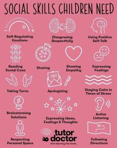 a pink poster with the words social skills children need