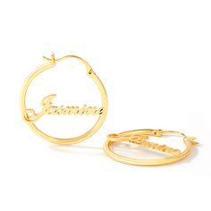 Our personalized hoops offer a new way to enjoy the look of this exquisite design. The design is clever and delicate. Whether you're looking for bridal earrings to perfectly match your rings, or just searching for the perfect gift, there are no more perfect earrings than the ones you'll design with our artists.Material: 925 SilverPlating Color: Silver, Yellow Gold, Rose Gold Customizable Yellow Gold Jewelry For Promise, Elegant Custom Name Jewelry For Promise, Elegant Customizable Gold Plated Jewelry, Elegant Customizable Gold-plated Jewelry, Customizable Gold Hoop Earrings, Custom Name Round Jewelry For Promise, Round Custom Name Jewelry For Promise, Elegant Round Customizable Jewelry, Gold Custom Name Hoop Earrings