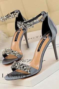 Lasaky - Elegant Ladies Stiletto Heeled Sandals featuring Luxurious Satin Upper and Dazzling Rhinestone Ankle Strap. Summer Sandals Heels, Hak Tinggi, Sequin Sandals, Party High Heels, Sandals Patterns, Bridal Shoe, Silver High Heels, Rhinestone High Heels, Crystal Sandals