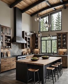 a large kitchen with lots of counter space and wooden accents on the ceiling, along with an island that has four stools