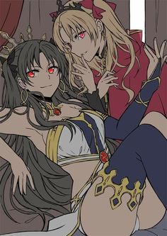 two anime characters laying on top of each other, one with red eyes and the other with blonde hair