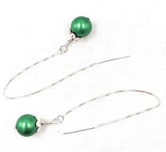 "A Swarovski Eden Green (new color!) pearl dangles from sterling silver box chain ear threads to create a \"day into night look\" Elegant and sophisticated! Ear threads are  light and comfortable and you can control how far below your ear they dangle by how much chain you pull through behind your ear. Ear threads are then held in place by clear plastic backs. This pair of ear threads pictured are four inches long, overall length is 4.5 inches.  Listing is for a pair of ear threads. Please contact me if you want to purchase a single earring. Each pair comes on a jewelry card, in a plastic bag and then boxed for safety during its travels to you." Elegant Dangle Box Chain Threader Earrings, Elegant Box Chain Threader Earrings For Gift, Elegant Dangle Threader Earrings With Box Chain, Elegant Threader Earrings With Box Chain For Gift, Elegant Silver Threader Earrings, Elegant Adjustable Nickel-free Threader Earrings, Eden Green, Ear Threader, Jewelry Card