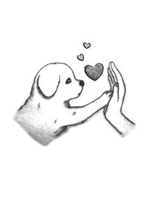 a black and white drawing of a dog holding a heart in its paws with hearts floating above it