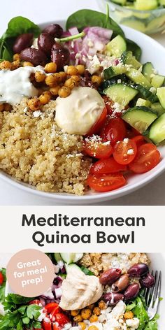 two plates with different types of food on them and the words mediterraneann quinoa bowl