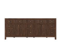 the sideboard is made out of wood and has brass knobs on each drawer