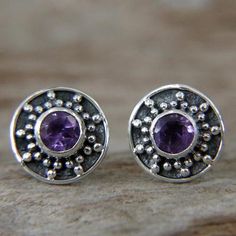 Amethyst stud earrings, 'Winter Halo' - Amethyst and Sterling Silver Stud Earrings from Bali February Birthstone Jewelry, Metal Smithing, Amethyst Studs, Bride Earrings, Winter Sun, Sterling Silver Stud Earrings, Amethyst Jewelry, Silver Stud Earrings, Sterling Silver Studs