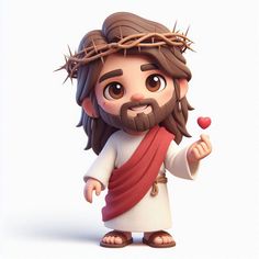 a cartoon jesus holding a heart and wearing a crown of thorns on his head