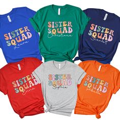 Bella Canvas sister shirts with the customized design of Sister Squad with name for sisters group vacation holiday birthday Christmas Thanksgiving   👍Steps for Placing Your Order:👍 1. Please check and review all photos. 2.Choose your shirt size from the drop-down menu 3.Choose your product color from the drop-down menu. 4. Select your quantity as much as you desire. 5.Please specify the Song Name/ Song Line/Part of Lyric you want to see on the shirt design in the "Add Your Personalization"  pa Matching Sister In Law Shirts, Sisters T Shirts Ideas, Sister Tshirts Ideas For Adults, Sister Shirts For Adults Cartoon, Sister’s Birthday Shirt, Matching Sister Shirts, Group Vacation, Sister Squad, Sister Birthday Gift