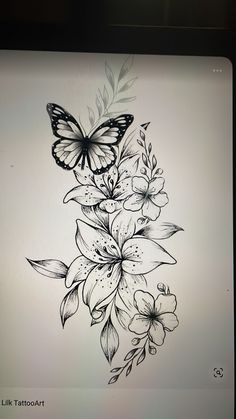 a black and white drawing of flowers with a butterfly on it