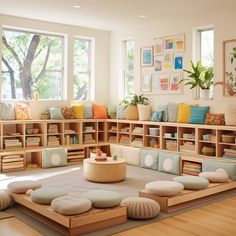 a living room filled with lots of furniture and bookshelves next to large windows