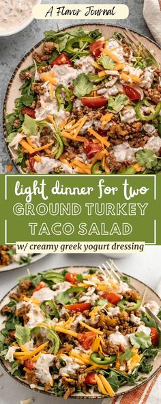 two plates with taco salads on them and the text light dinner for two ground turkey taco salad