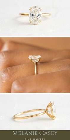 two different views of an engagement ring, one with a pear shaped diamond and the other with