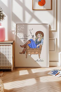 a drawing of a woman sitting in a chair with her legs crossed on the floor