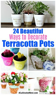 four different types of terracotta pots with text overlay that says, 24 beautiful ways to decorate terracotta pots