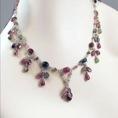 If You Like Tourmaline, This Is The Necklace For You! Every Possible Shade ... Black, Watermelon, Pale Pink, Apple Green, Rosy Pink, Forest Green, Deep And Light Gold, Even A Few Blue! A Stunning Tourmaline Fringe Necklace, Definitely One-Of-A-Kind! ... Beads Go All The Way Around, So Beautiful From Any Angle ... Lots Of Movement, Really Catches The Eye ... This Beauty Weighs In At 15.8 Grams ... Measures 18" Long Tip To Tip, With The Fringe Section (From First Large Drop To Last) Measuring 7-1/2" ... Cool Modern Clasp Stamped 585 (14k), In Perfect Working Order ... There Is No Jump Ring At The End, This Was Made To Clasp Anywhere Along The Chain, Making The Length Easily Customized ... Ce Black Watermelon, Necklace Inspiration, Pink Forest, Chain Making, Pink Apple, Rosy Pink, Craft Jewelry, Fringe Necklace, Themed Jewelry