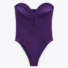 Strapless Swimsuit With Removable Cups And Sweetheart Neckline Or Can Be Worn As A Bodysuit Chic Stretch Purple Bodysuit, Chic Purple Stretch Bodysuit, Chic Sleeveless Purple Bodysuit, Trendy Zara Bodysuit, Purple One-piece Lined Bodysuit, Purple One-piece Bodysuit With Lined Body, Zara Party Swimwear With Lined Body, Zara Stretch Swimwear For Party, Chic Purple Swimwear For Parties